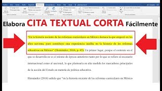 CÓMO HACER UNA CITA TEXTUAL CORTA  MUESTRO EJEMPLO  NORMAS APA [upl. by Soulier]